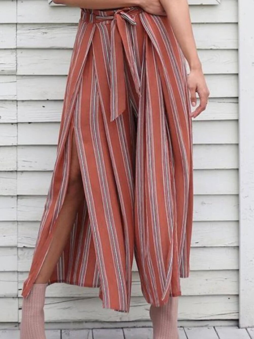 Women's High Waisted Pants Split Stripe Palazzo Wide Leg Pants